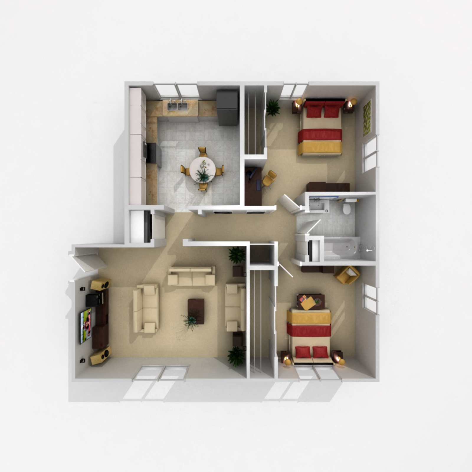 Floor plan for 2 beds, 1 bath, 948 sqft